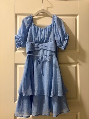 Speechless Light Blue Swiss Dot Puff Sleeve Dress for Girls